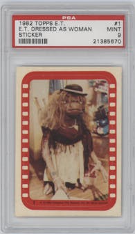 E.T. Dressed Up As Woman from the 1982 Topps ET The Extra-Terrestrial Trading set graded by PSA and given an overall grade of 9.