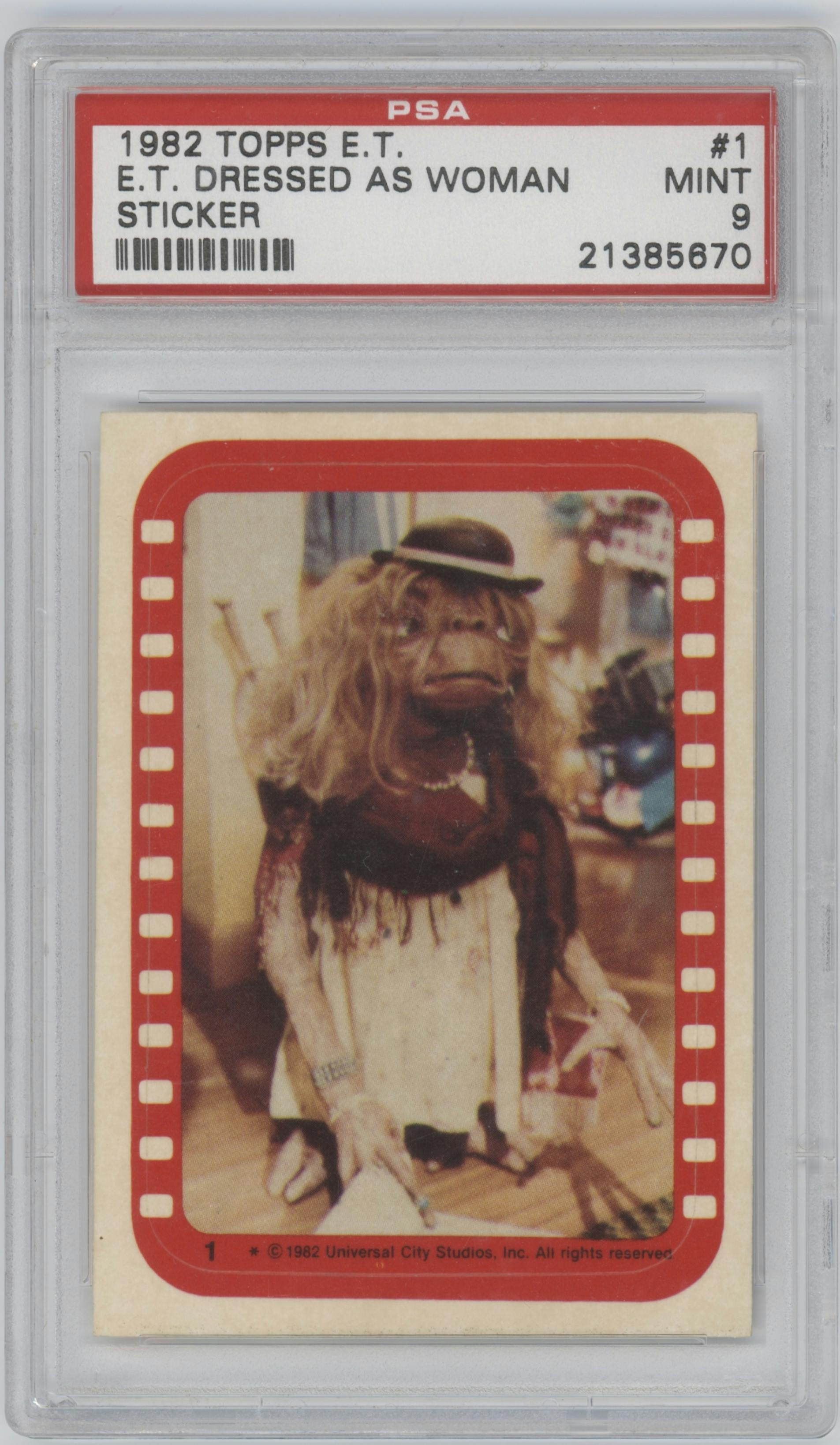 E.T. Dressed Up As Woman from the 1982 Topps ET The Extra-Terrestrial Trading set graded by PSA and given an overall grade of 9.