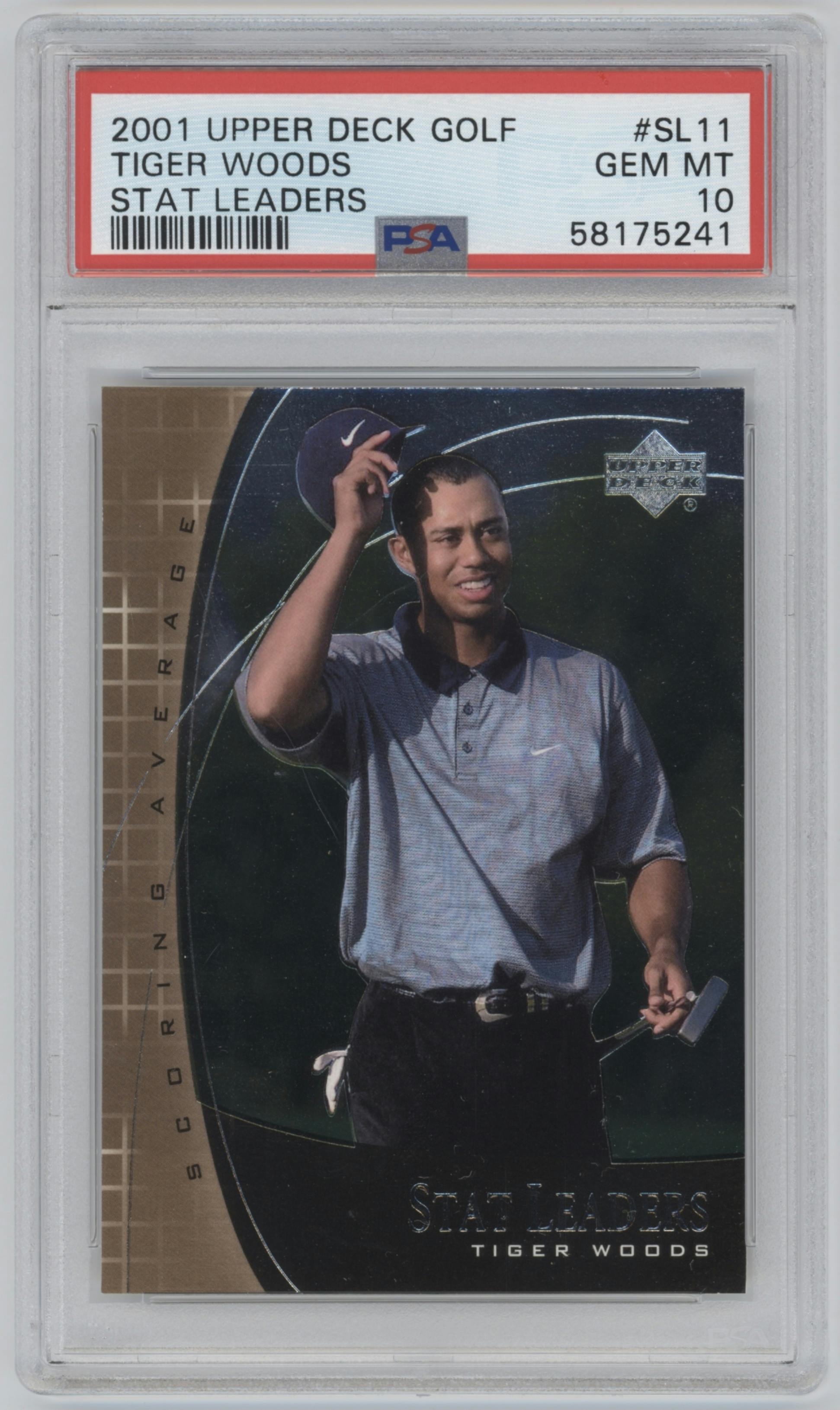 Tiger Woods from the 2001 Upper Deck set graded by PSA and given an overall grade of 10.