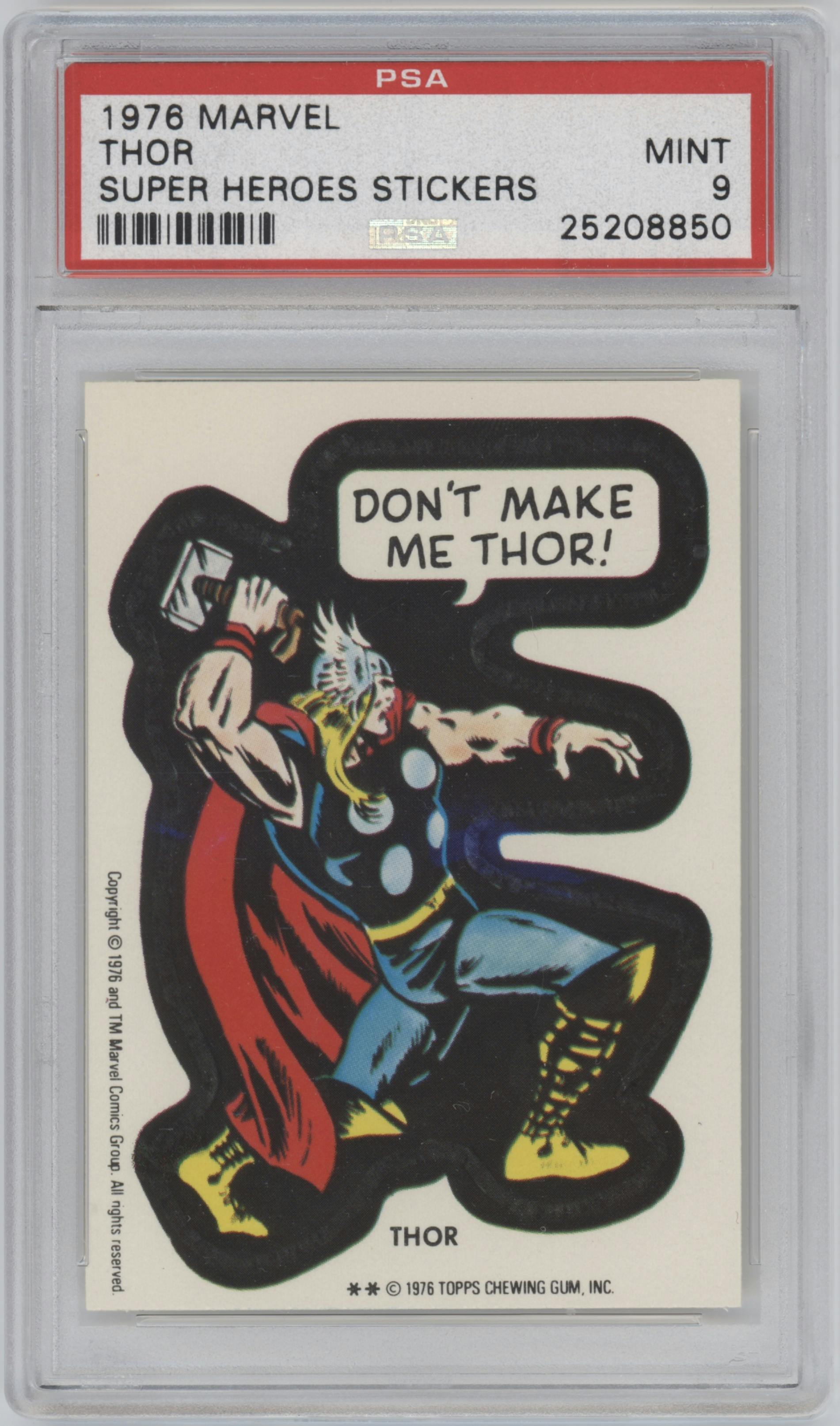 Thor from the 1976 Topps Marvel Super Heroes Stickers set graded by PSA and given an overall grade of 9.