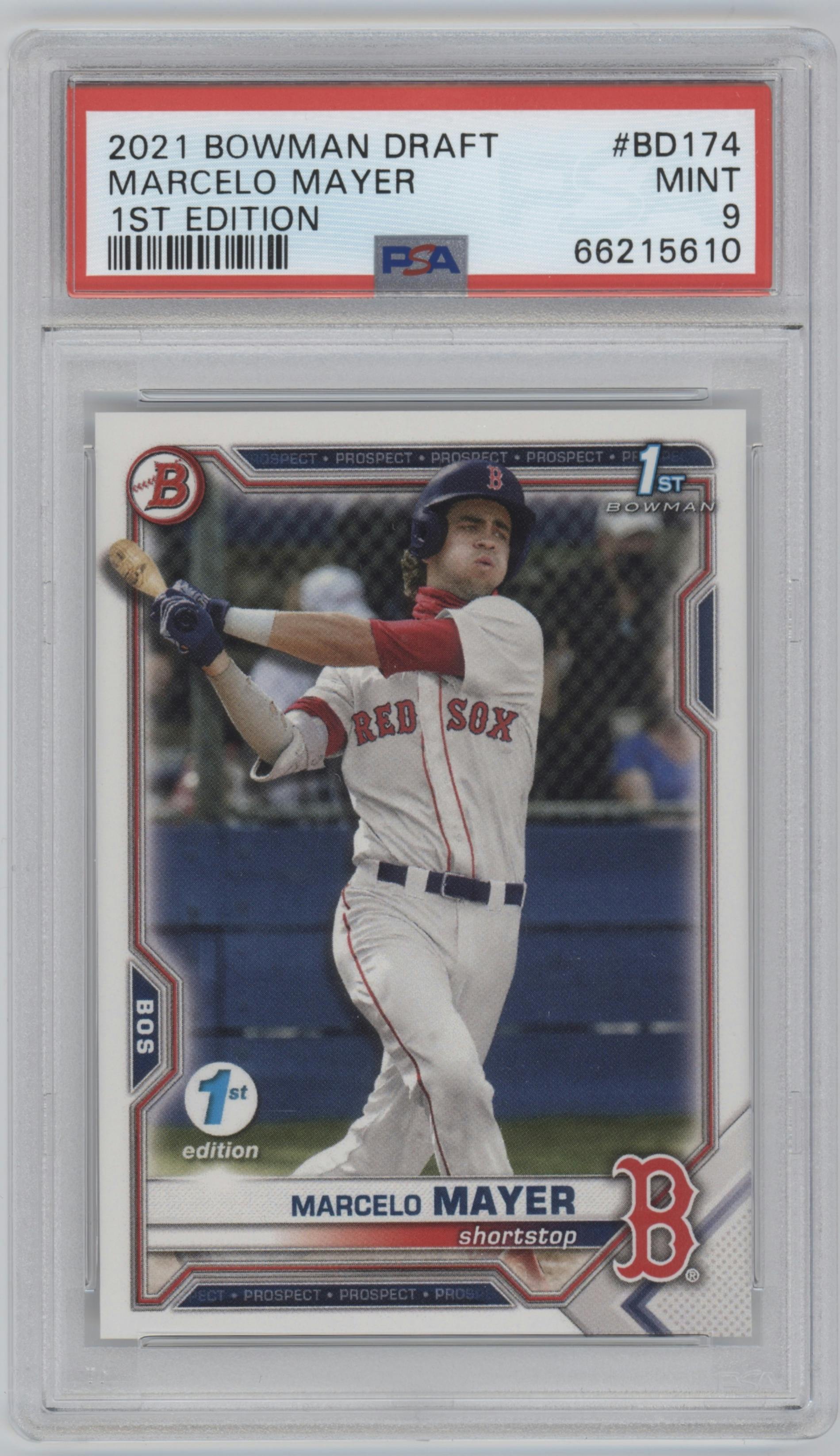 Marcelo Mayer from the 2021 Bowman Draft 1st Edition set graded by PSA and given an overall grade of 9.