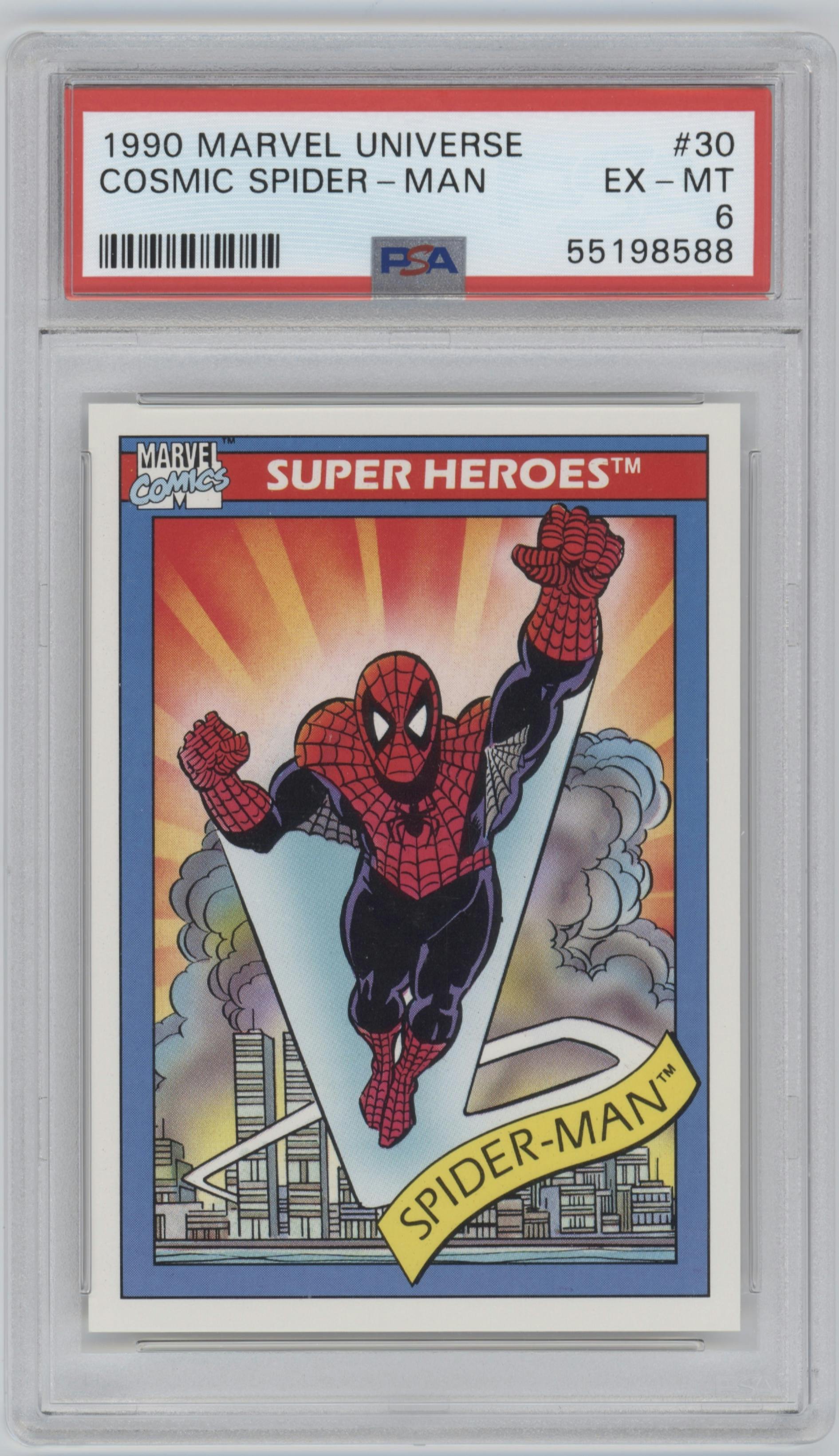Cosmic Spider-Man from the 1990 Impel Marvel Universe  set graded by PSA and given an overall grade of 6.