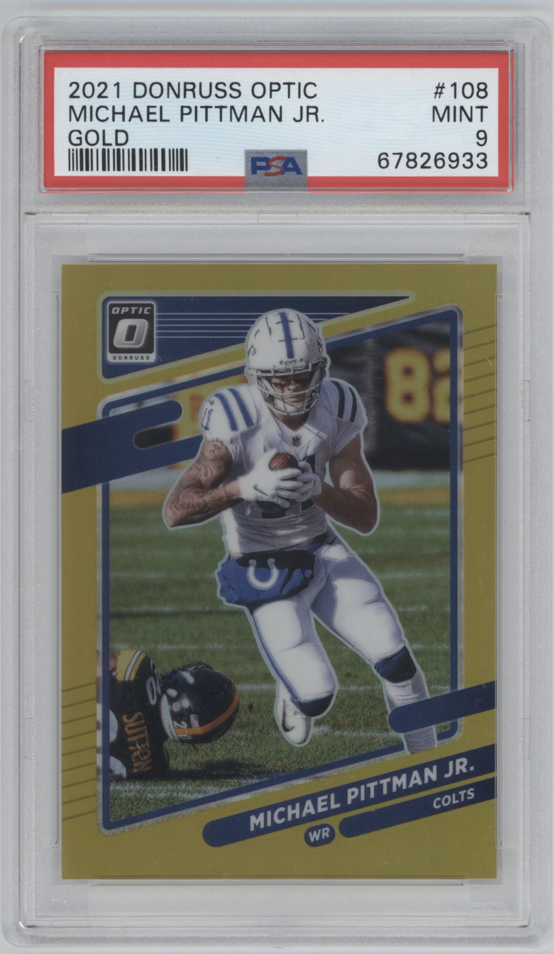 Michael Pittman Jr. from the 2021 Panini Donruss Optic set featuring a Gold parallel graded by PSA and given an overall grade of 9.