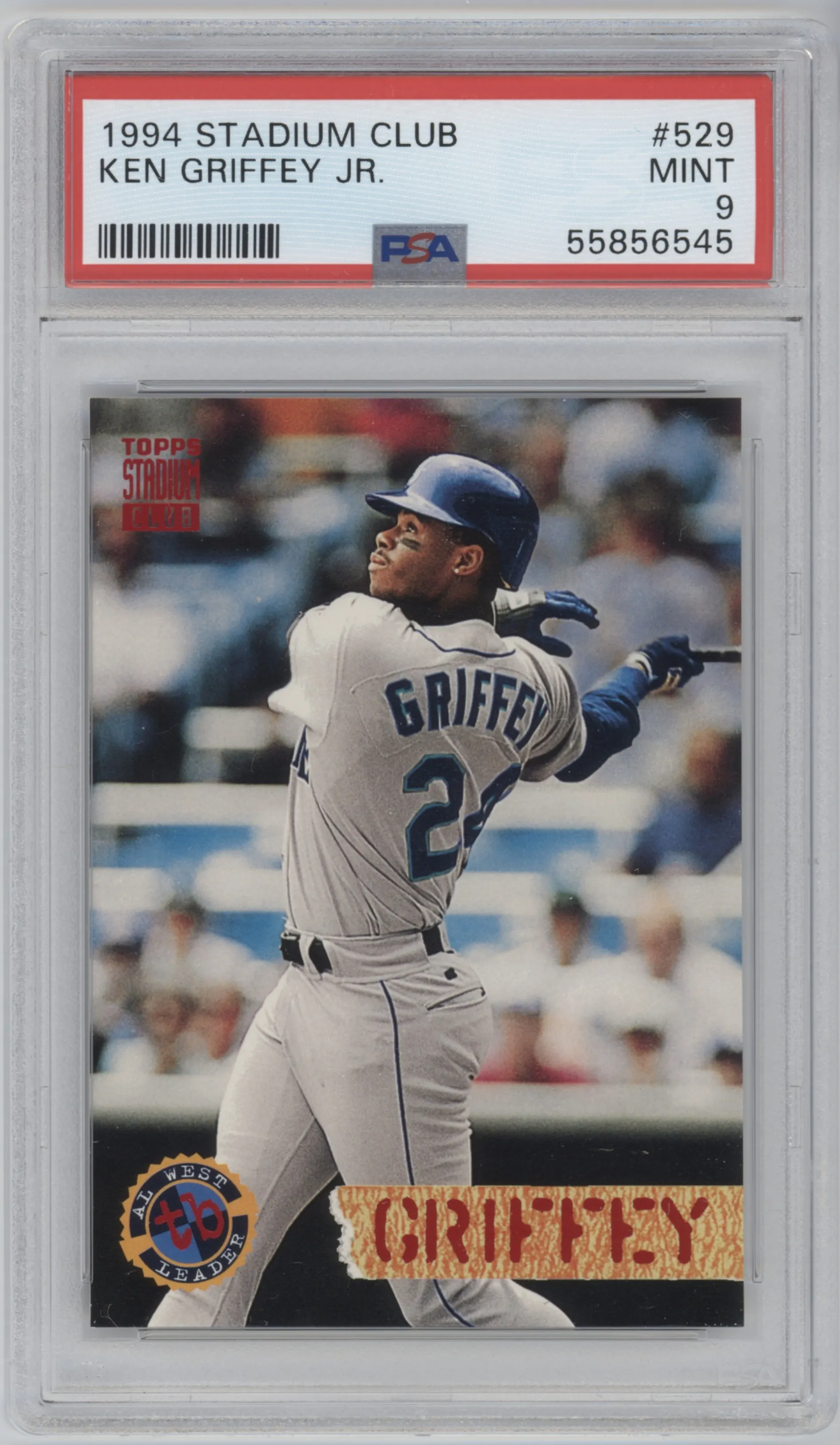 Ken Griffey Jr from the 1994 Topps Stadium Club set graded by PSA and given an overall grade of 9.