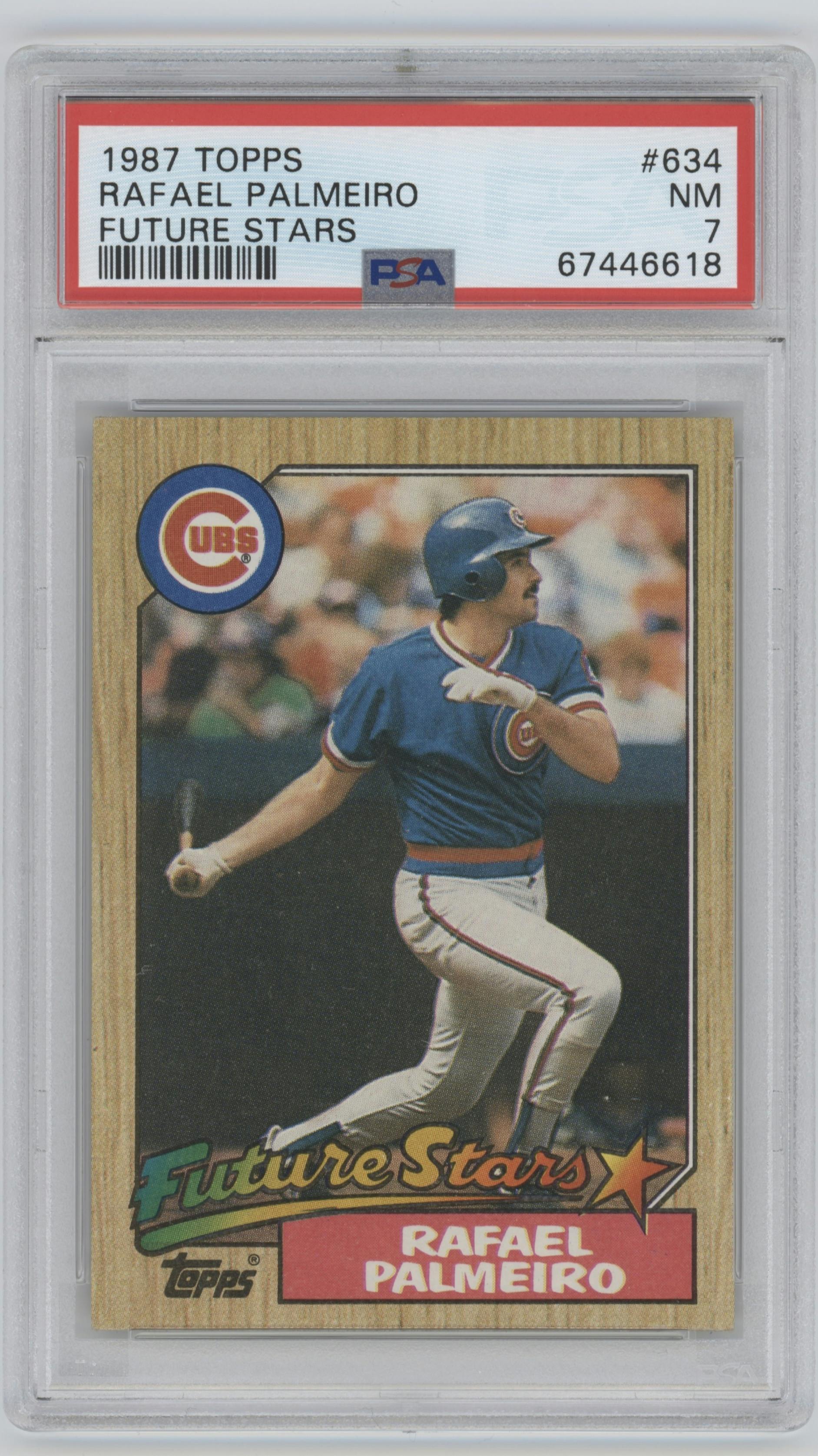 Rafael Palmeiro from the 1987 Topps set featuring a Future Stars parallel graded by PSA and given an overall grade of 7.