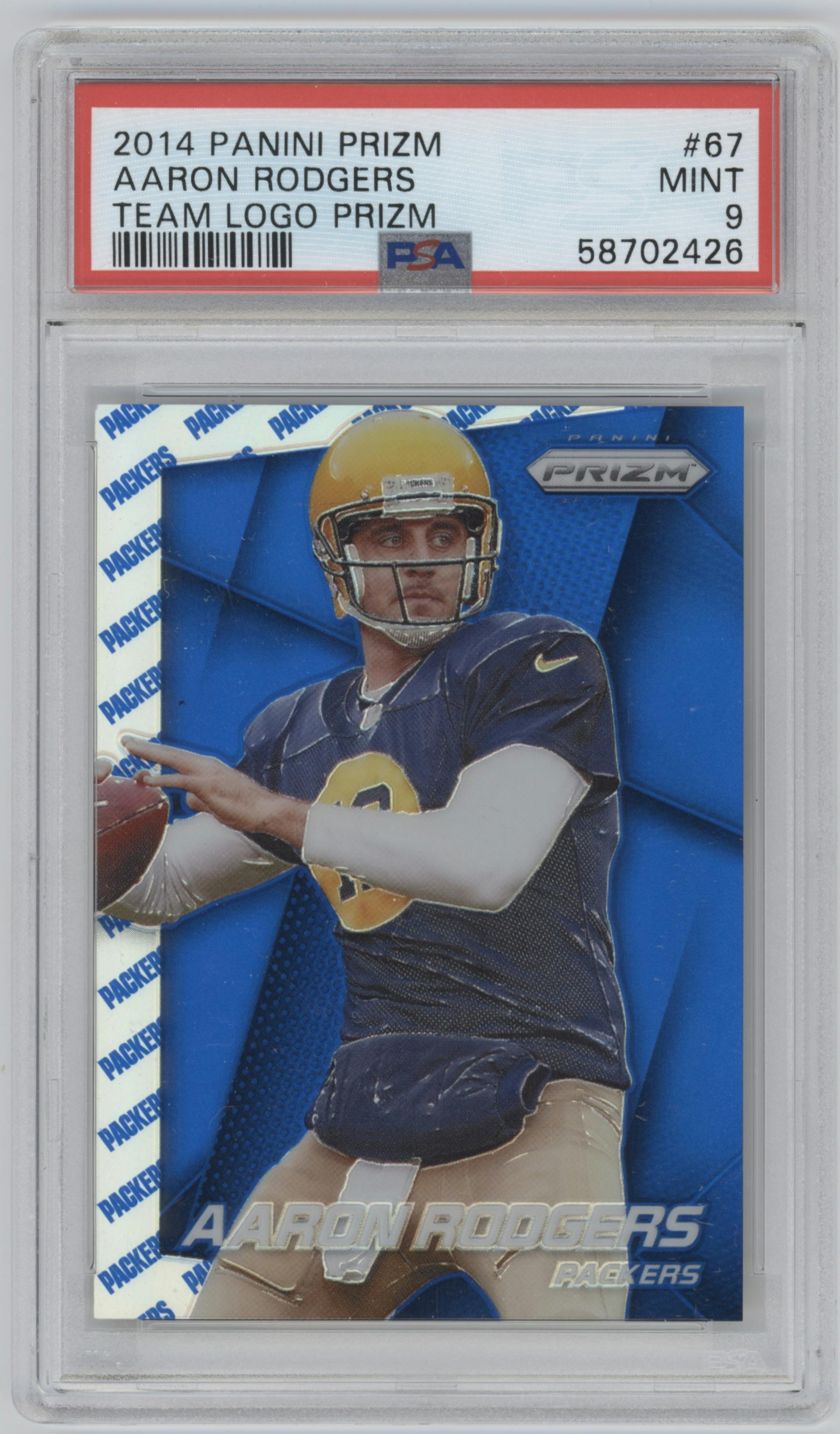 Aaron Rodgers from the 2014 Panini Prizm set featuring a Team Logo Prizm  parallel graded by PSA and given an overall grade of 9.
