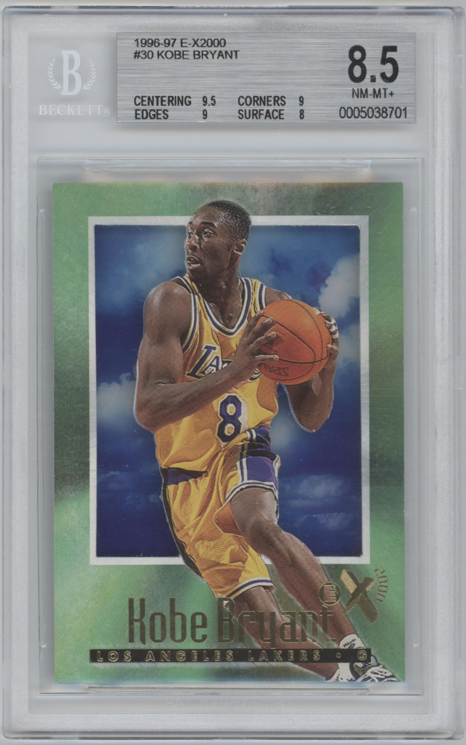 Kobe Bryant from the 1996-97 Skybox E-X2000 set and given an overall grade of 8.5.