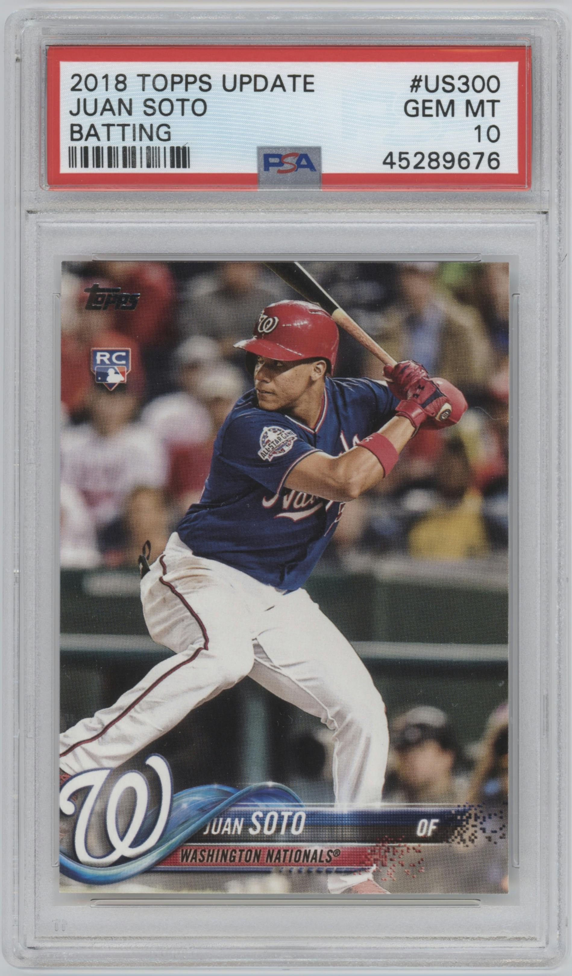 Juan Soto from the 2018 Topps Update set featuring a Batting parallel graded by PSA and given an overall grade of 10.
