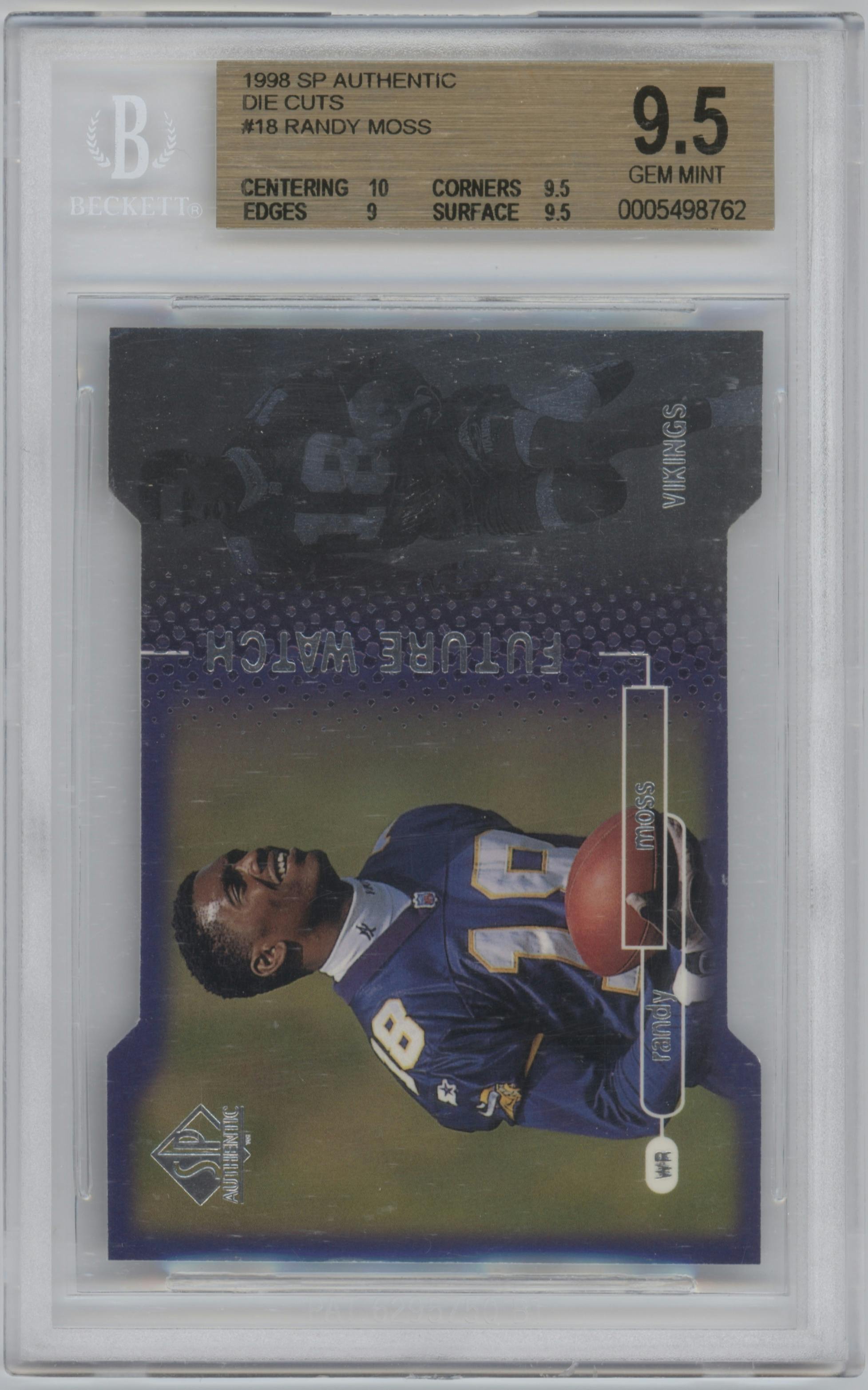 Randy Moss from the 1998 SP Authentic Football set featuring a Die Cuts parallel graded by Beckett and given an overall grade of 9.5.