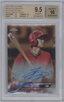 Shohei Ohtani from the 2018 Topps Chrome set featuring a Gold Refractor parallel graded by Beckett and given an overall grade of 9.5.