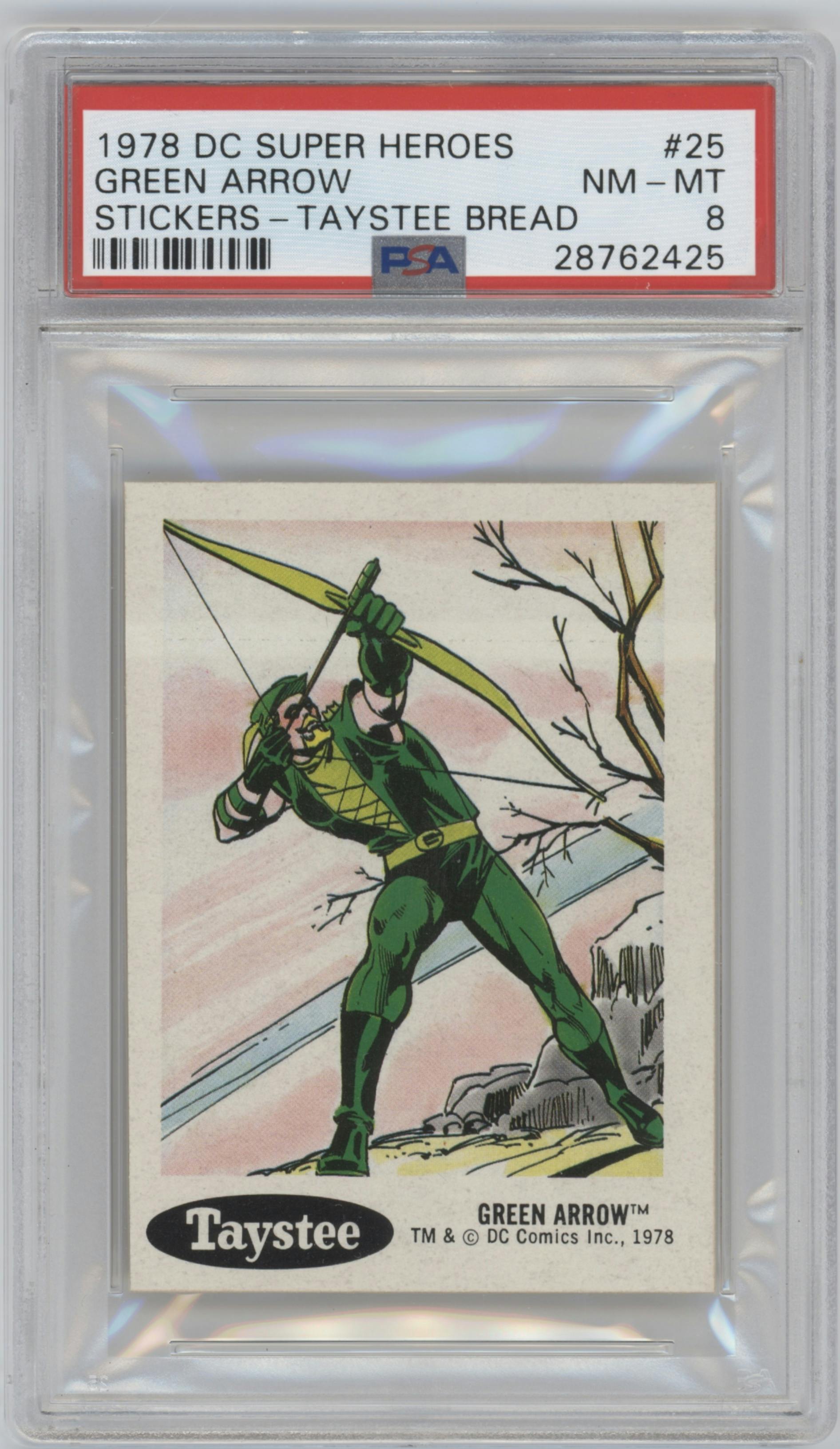 Green Arrow from the 1978 Taystee DC Super Heroes Stickers set graded by PSA and given an overall grade of 8.