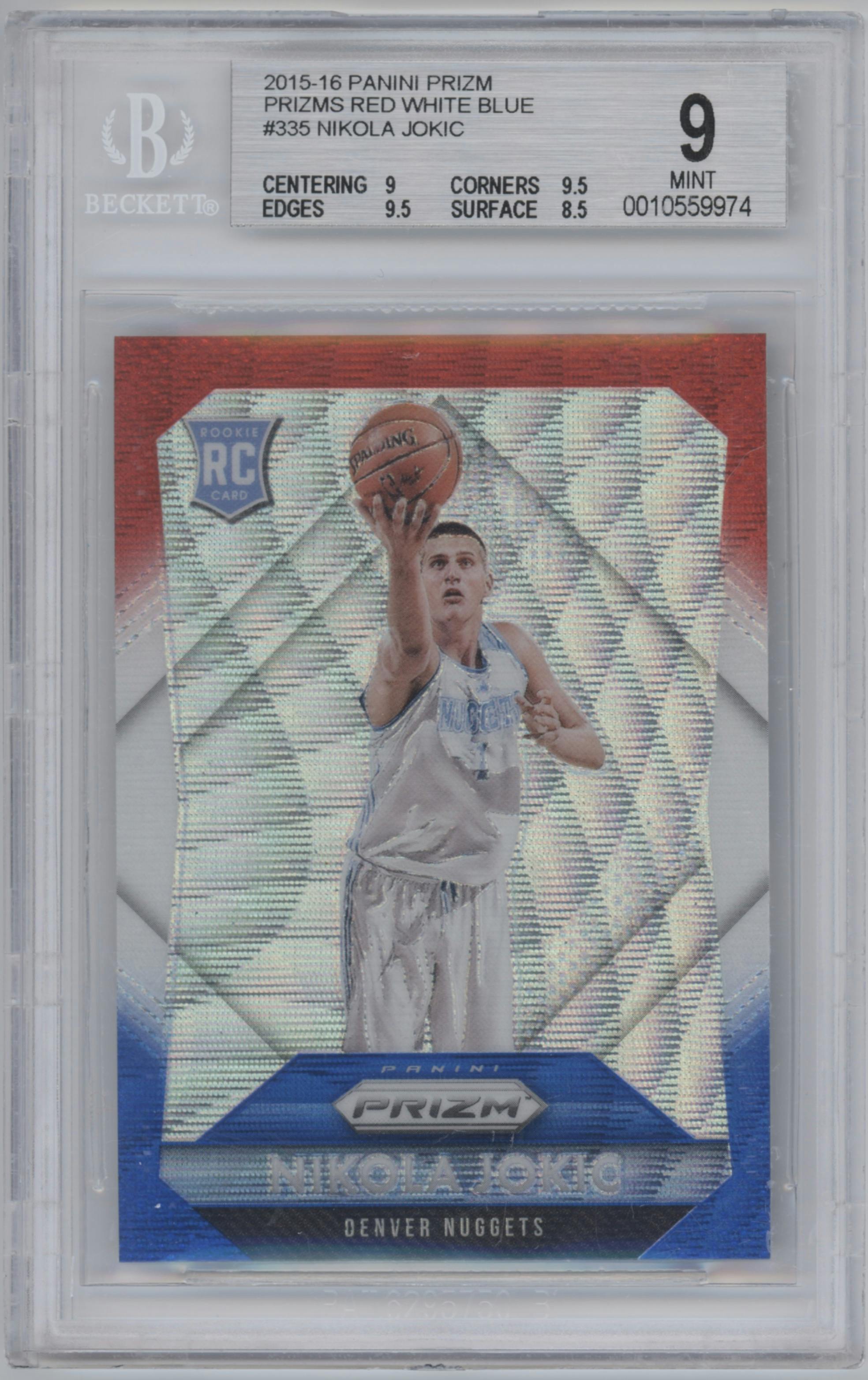 Nikola Jokic from the 2015-16 Panini Prizm  set featuring a Red/White/Blue Prizm parallel graded by Beckett and given an overall grade of 9.