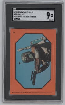 Boba Fett from the 1983 Topps Star Wars Return of the Jedi  set featuring a Orange parallel graded by SGC and given an overall grade of 9.