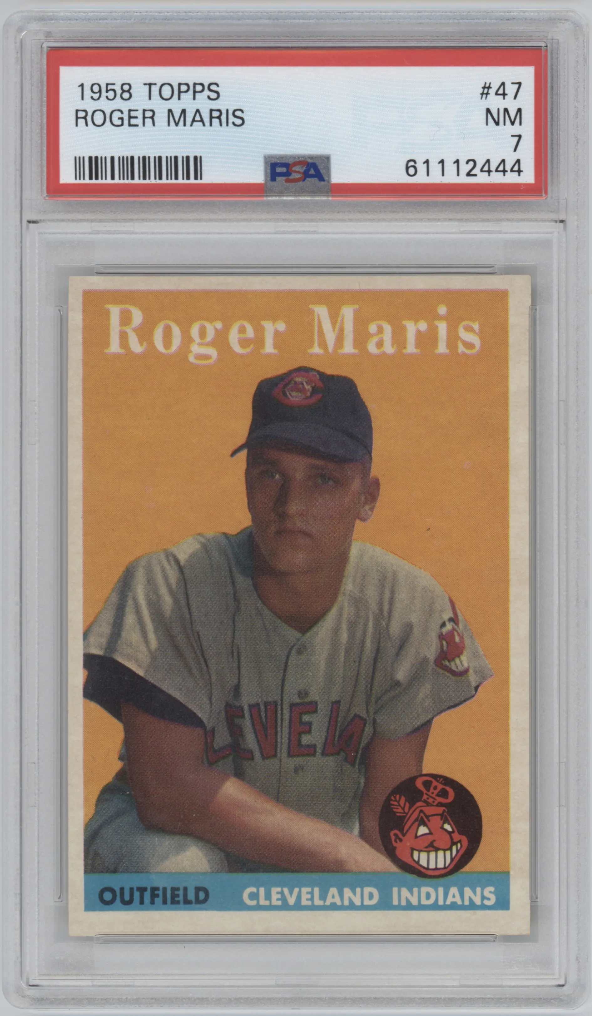 Roger Maris from the 1958 Topps set graded by PSA and given an overall grade of 7.