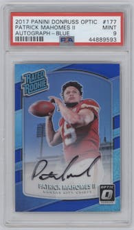 Patrick Mahomes II from the 2017 Panini Donruss Optic set featuring a Blue parallel graded by PSA and given an overall grade of 9.