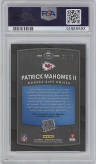 Patrick Mahomes II from the 2017 Panini Donruss Optic set featuring a Blue parallel graded by PSA and given an overall grade of 9.