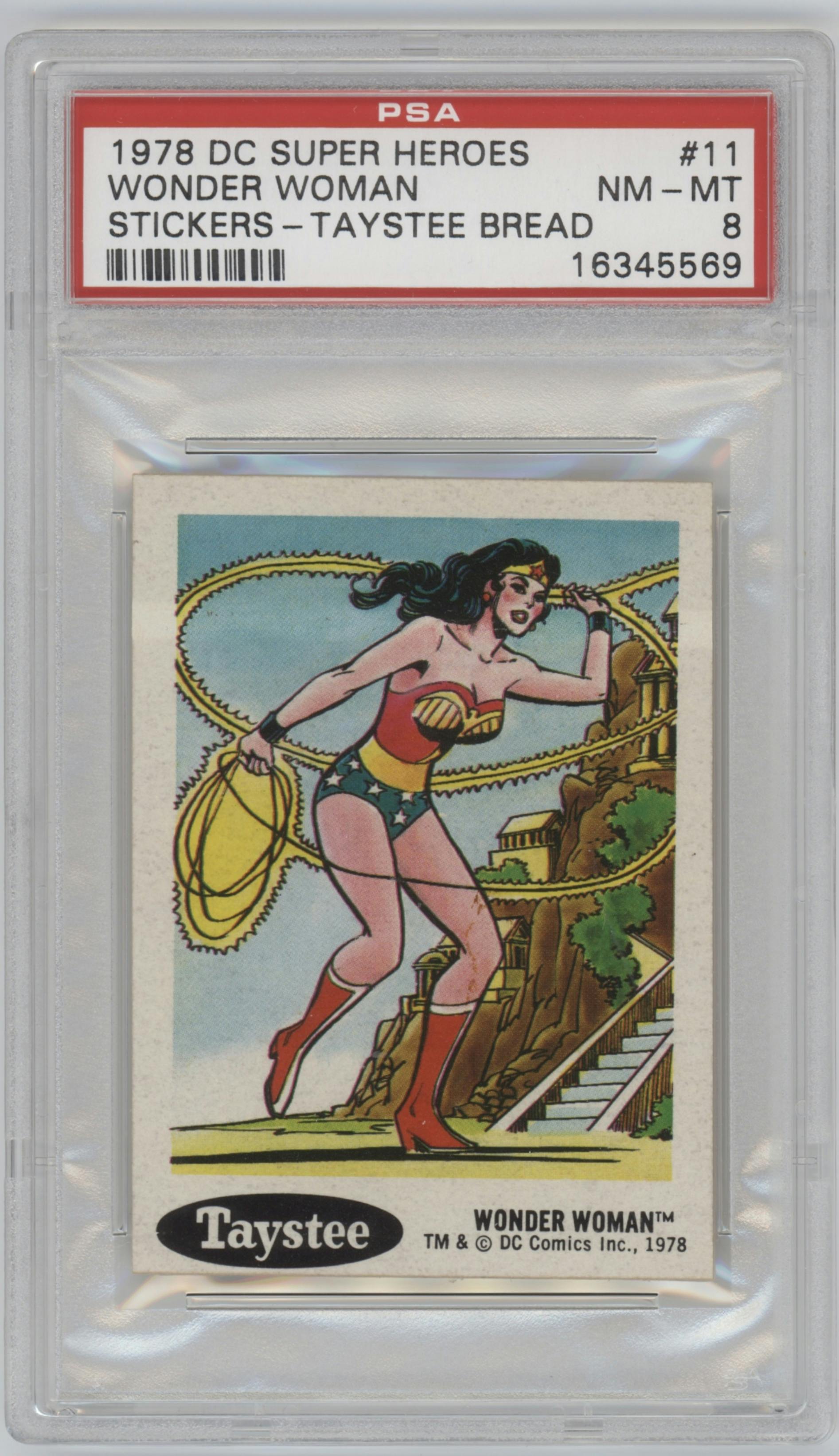 Wonder Woman from the 1978 Taystee DC Super Heroes Stickers set graded by PSA and given an overall grade of 8.