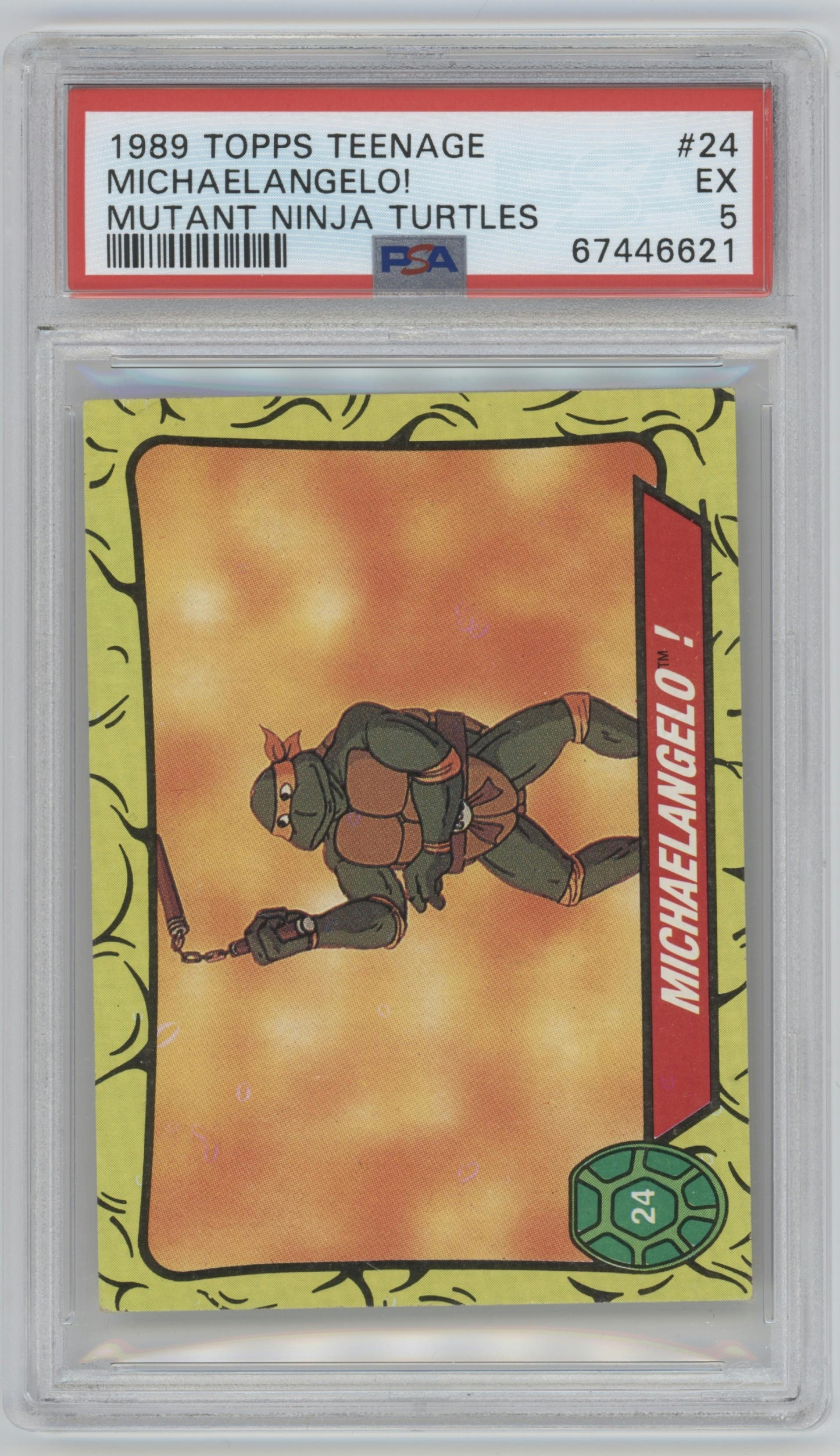Michaelangelo from the 1989 Topps TMNT  set graded by PSA and given an overall grade of 5.