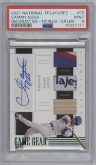 Sammy Sosa from the 2021 Panini National Treasures set featuring a Green parallel graded by PSA and given an overall grade of 9.