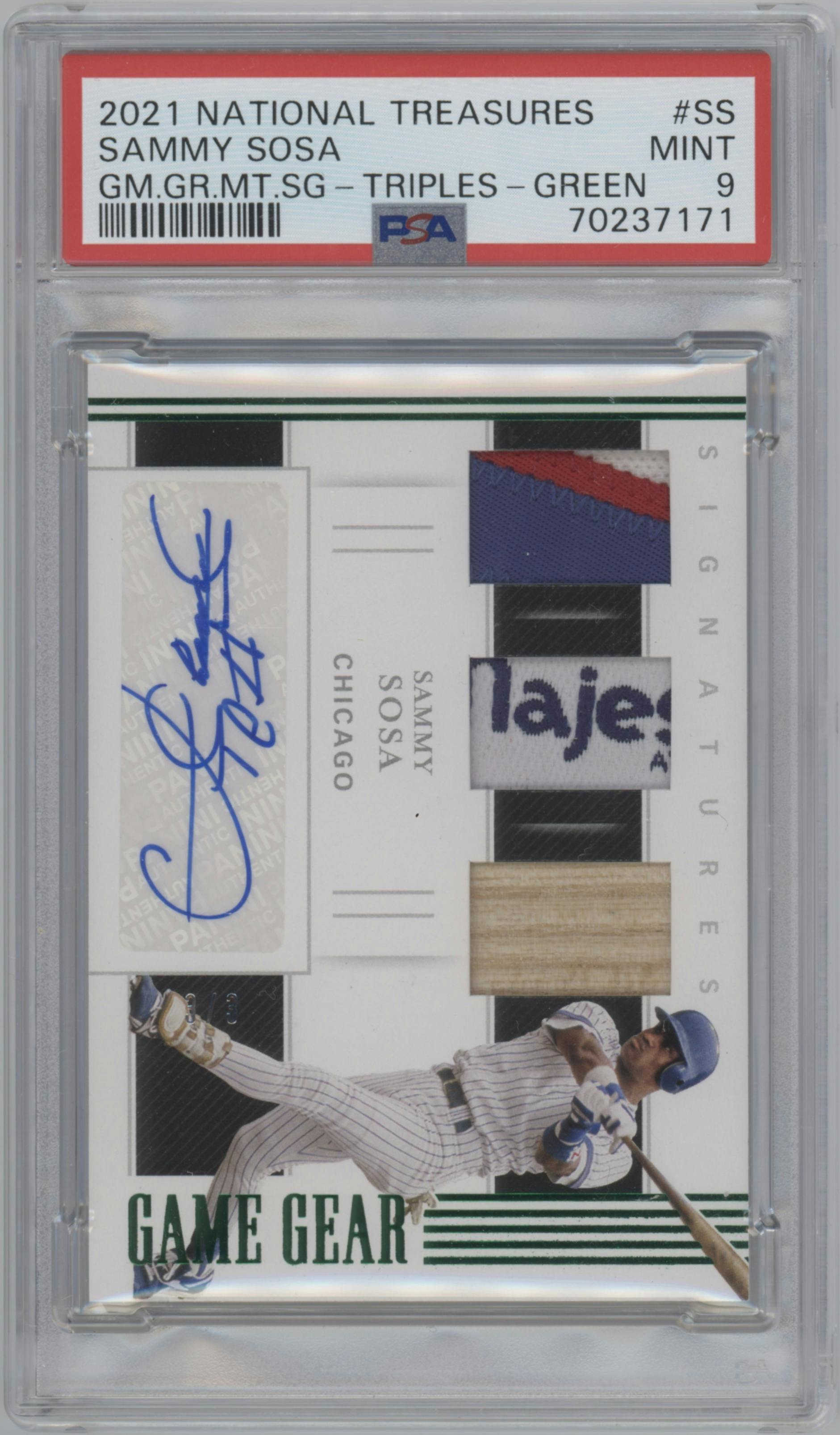 Sammy Sosa from the 2021 Panini National Treasures set featuring a Green parallel graded by PSA and given an overall grade of 9.