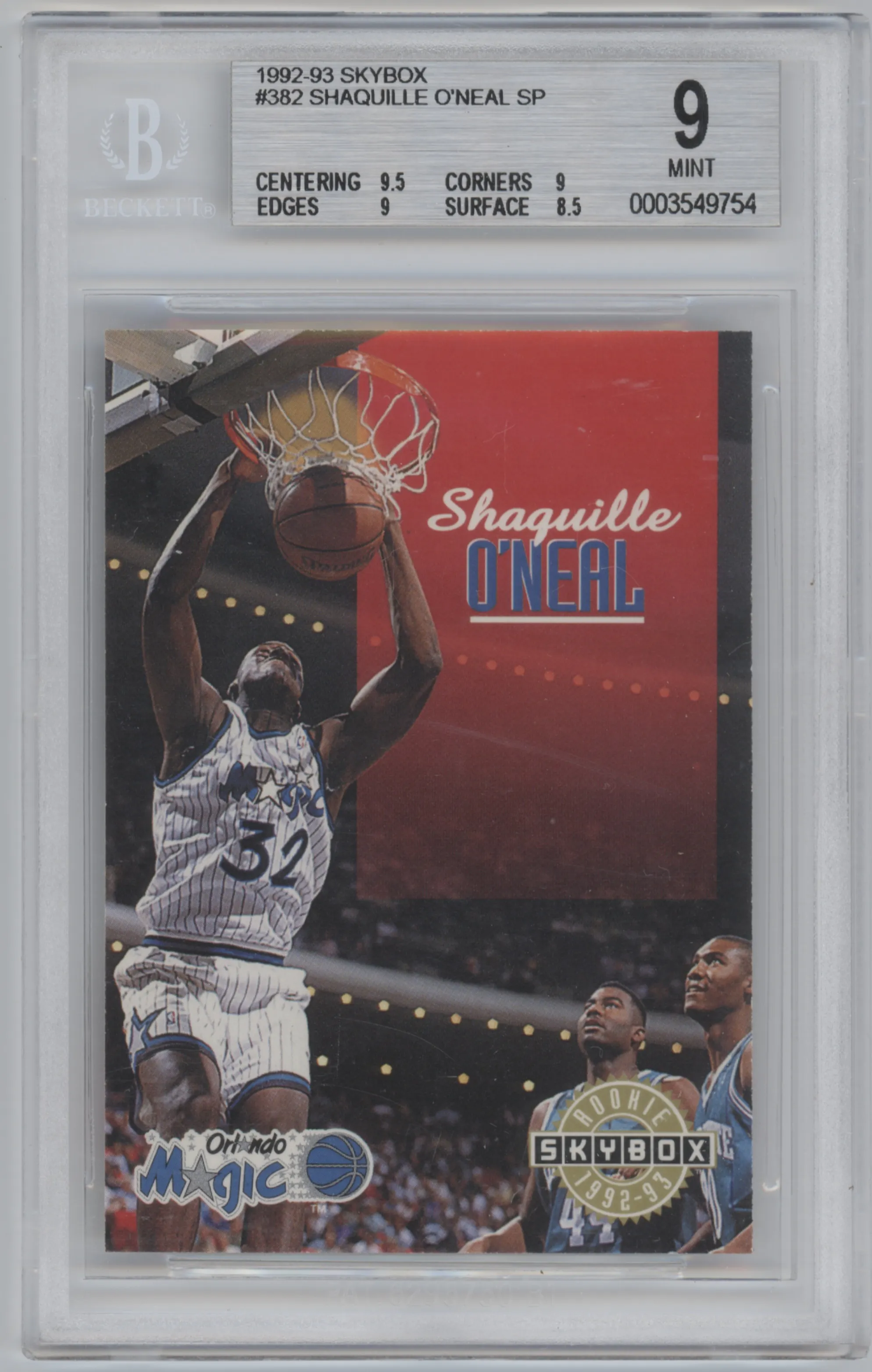 Shaquille O'Neal from the 1992-93 Skybox set graded by Beckett and given an overall grade of 9.