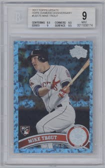 Mike Trout  from the 2011 Topps Update set featuring a Hope Diamond Anniversary parallel graded by Beckett and given an overall grade of 9.
