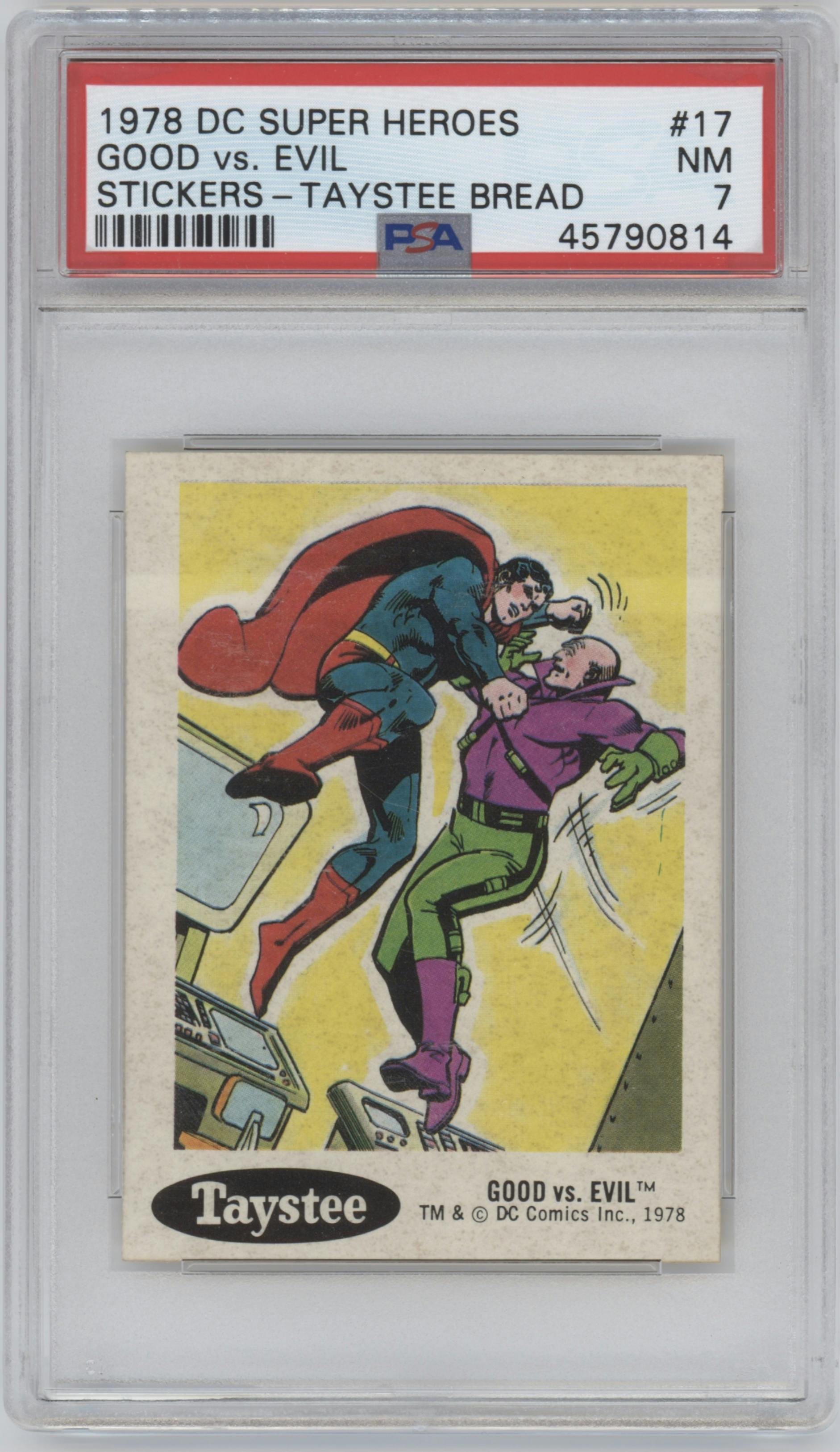 Good vs. Evil from the 1978 Taystee DC Super Heroes Stickers set graded by PSA and given an overall grade of 7.