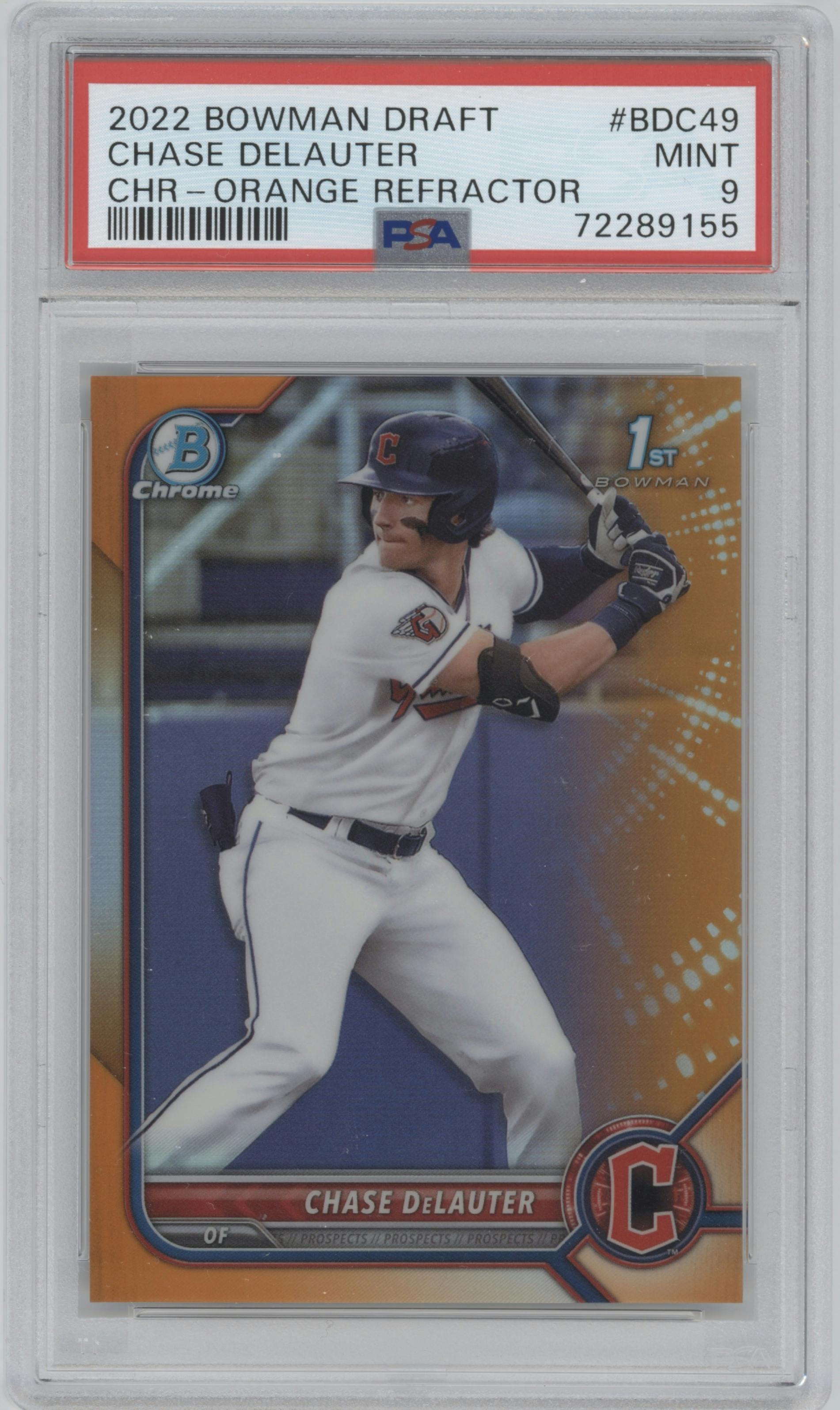 Chase DeLauter from the 2022 Bowman Draft set featuring a Orange Refractor parallel graded by PSA and given an overall grade of 9.