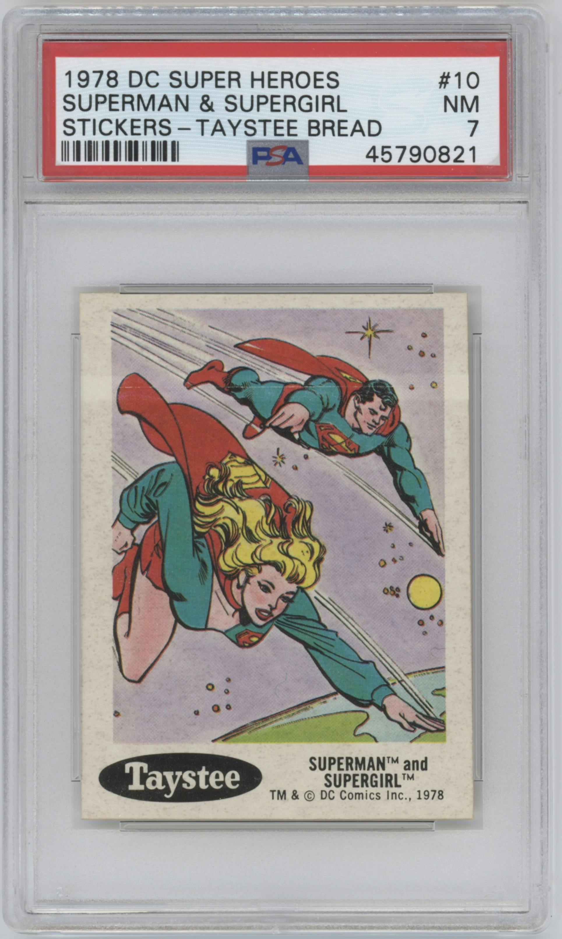 Superman & Supergirl from the 1978 Taystee DC Super Heroes Stickers set graded by PSA and given an overall grade of 7.