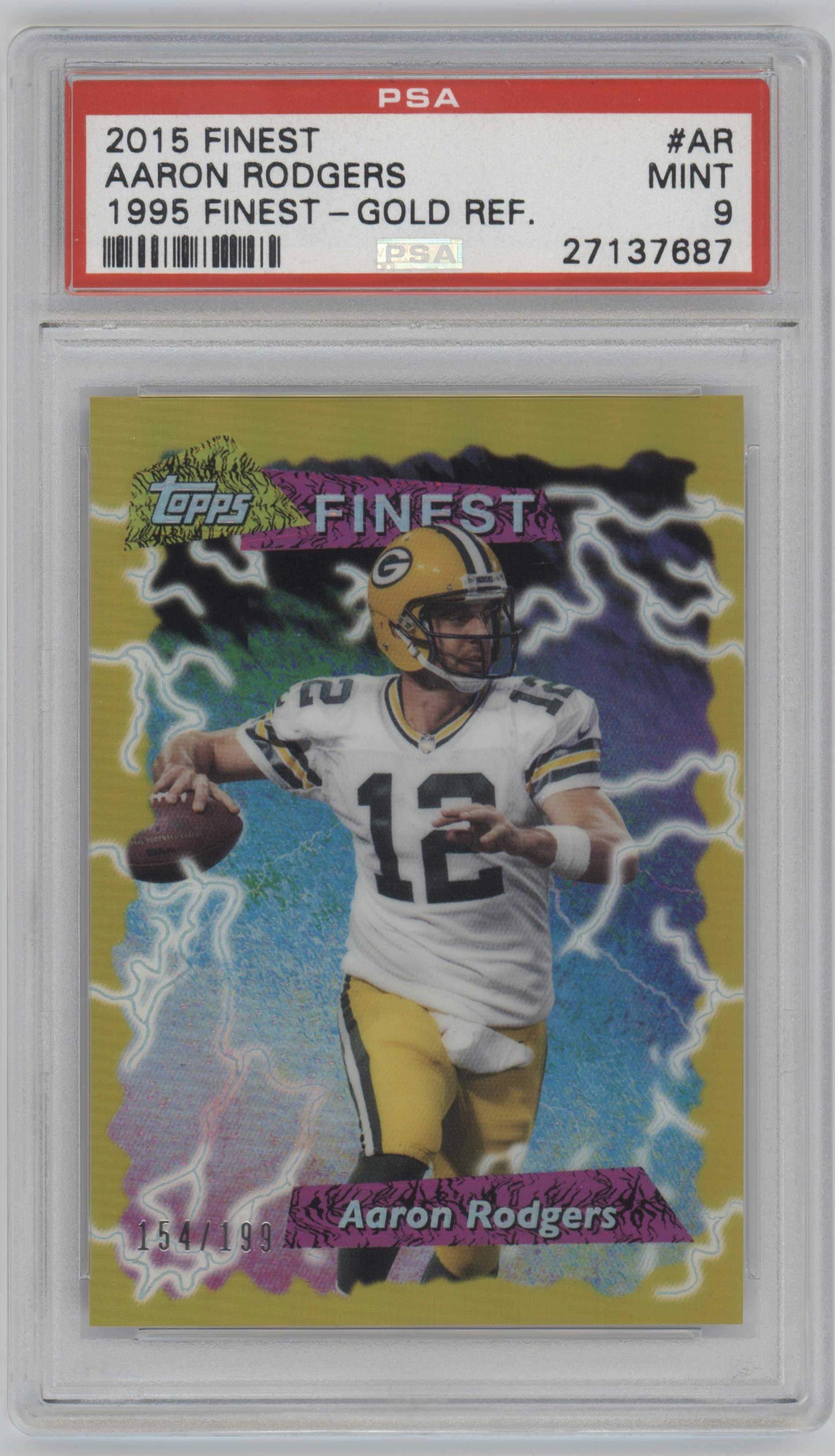 Aaron Rodgers from the 2015 Topps Finest  set featuring a Gold Refractor parallel graded by PSA and given an overall grade of 9.